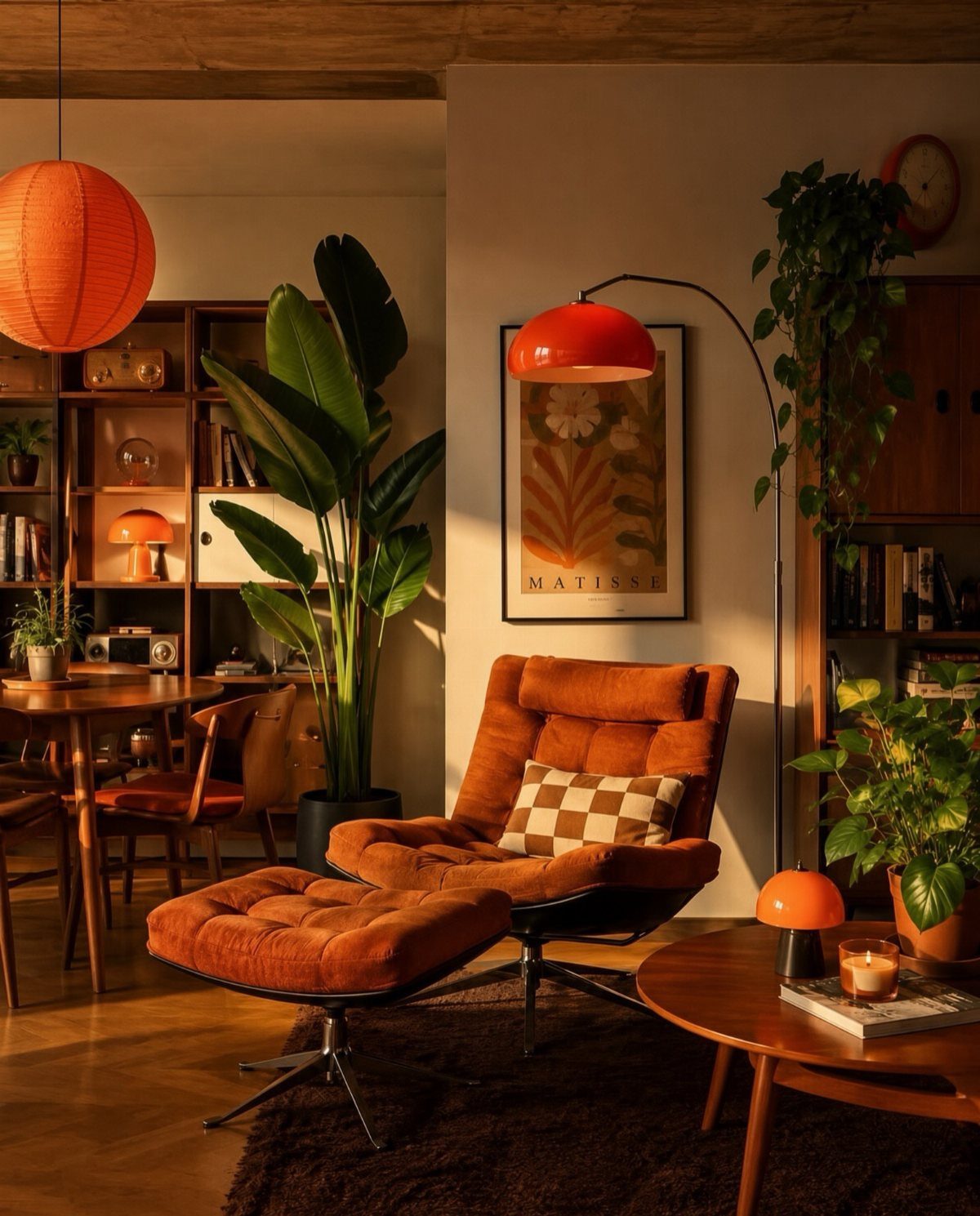 Orange tufted lounge chair and ottoman in a mid-century modern living room setting.