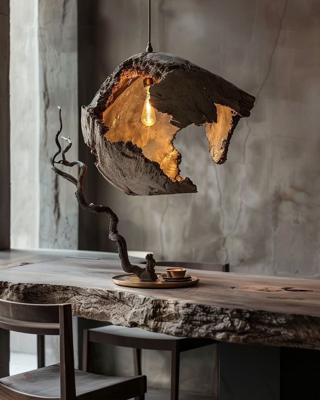 Asymmetrical stone pendant light and twisted wood sculpture on a live-edge wooden table.