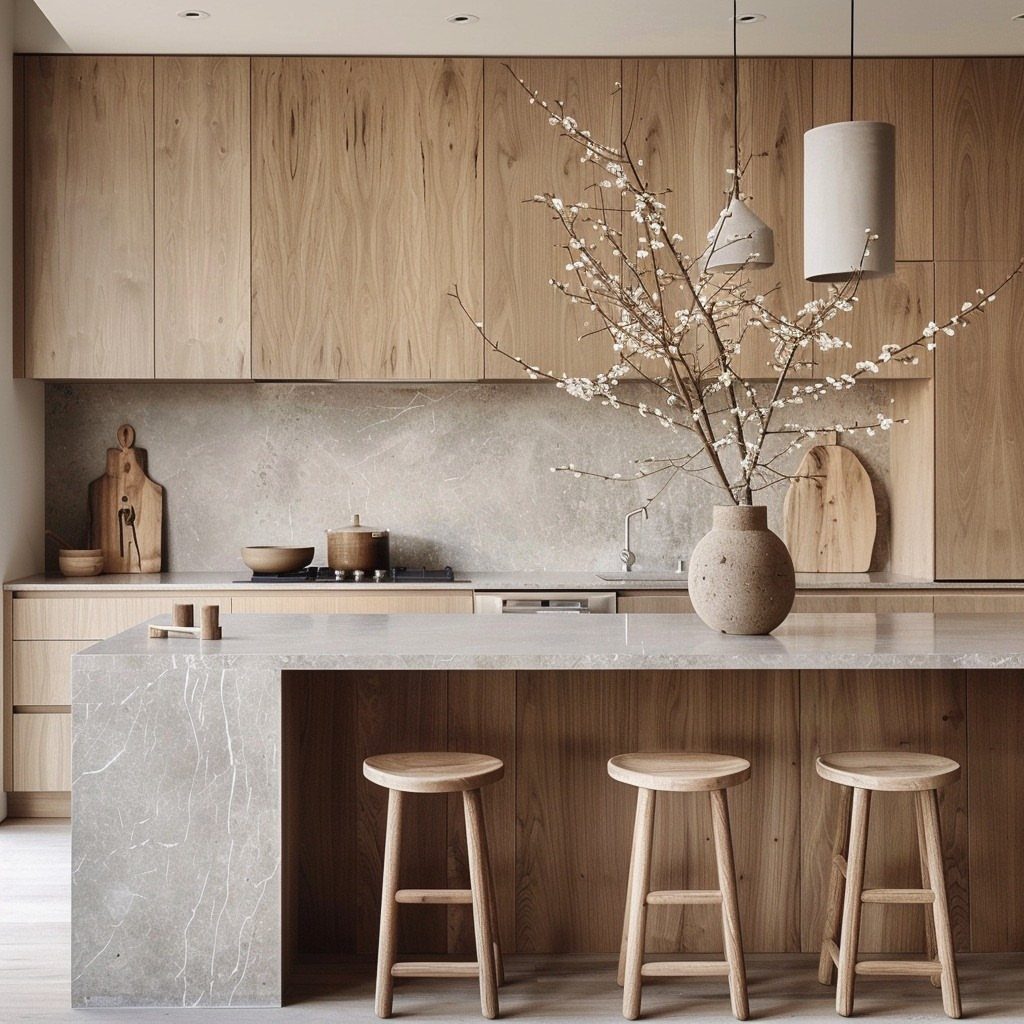 Minimalist kitchen with light wood cabinets, stone island, and flowering branch arrangement.