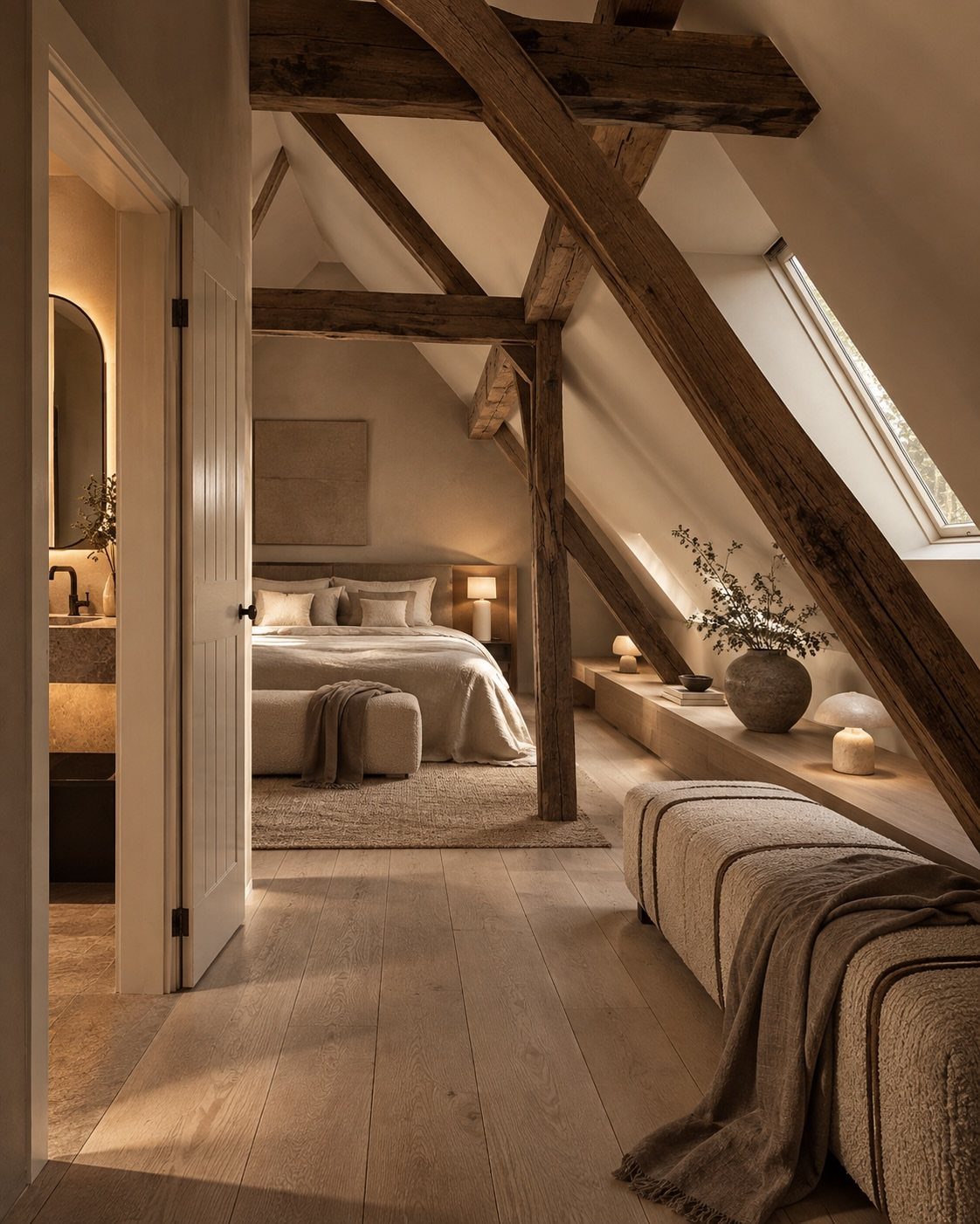 Rustic attic bedroom with exposed wooden beams and neutral minimalist wabi sabi decor.