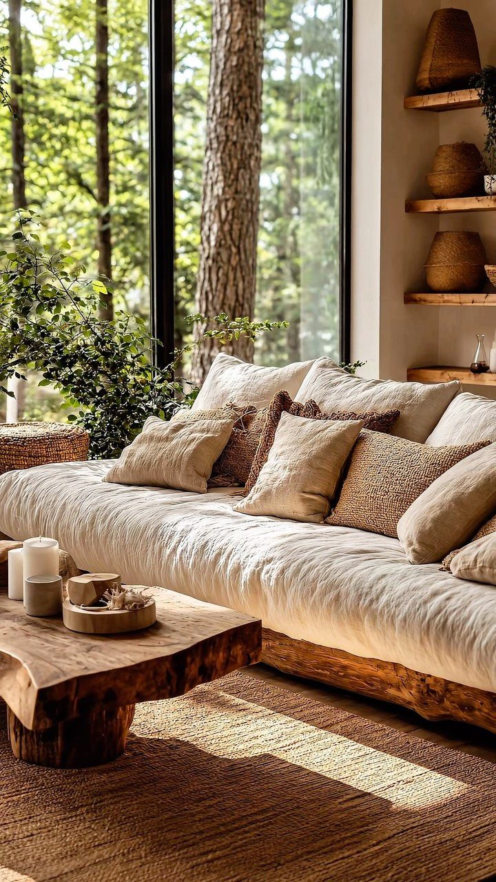 Low wooden platform bed with beige linens and raw wood coffee table indoors.