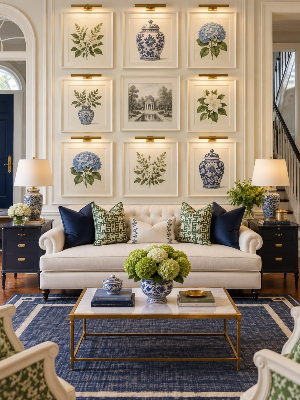 Nine framed botanical prints arranged in a grid above a white living room couch.