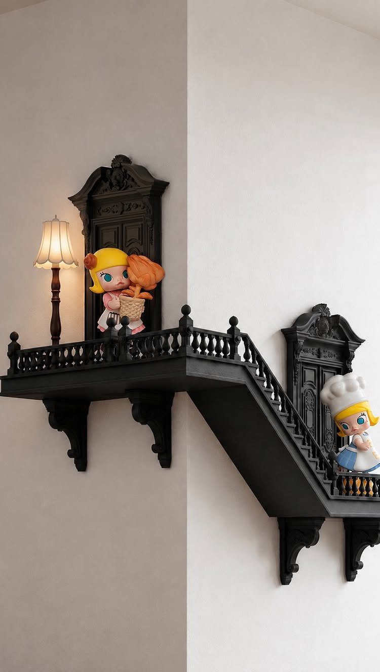 Black miniature balcony and staircase wall shelf with small figurines in a corner.