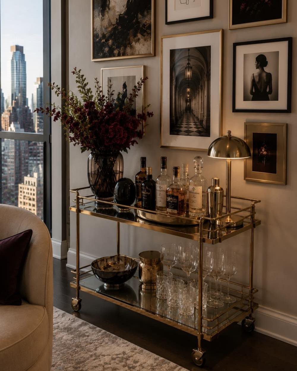 Gold glass bar cart with liquor bottles and flowers against a gallery wall.