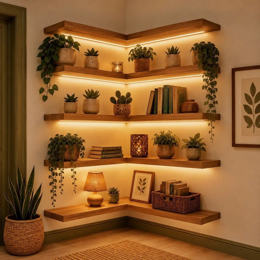 Wooden floating corner shelves with integrated lighting holding small plants and books.