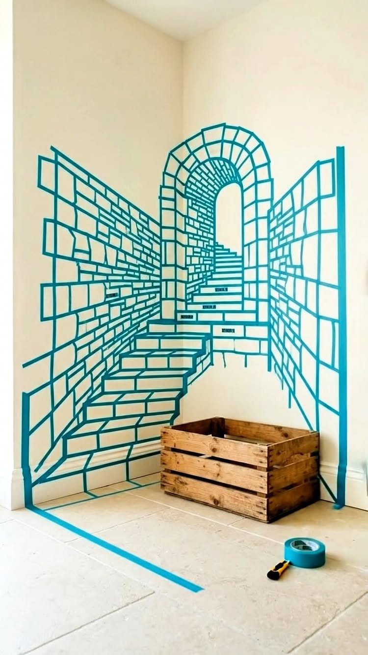 Blue tape illusion of a stone staircase and archway on a wall corner.