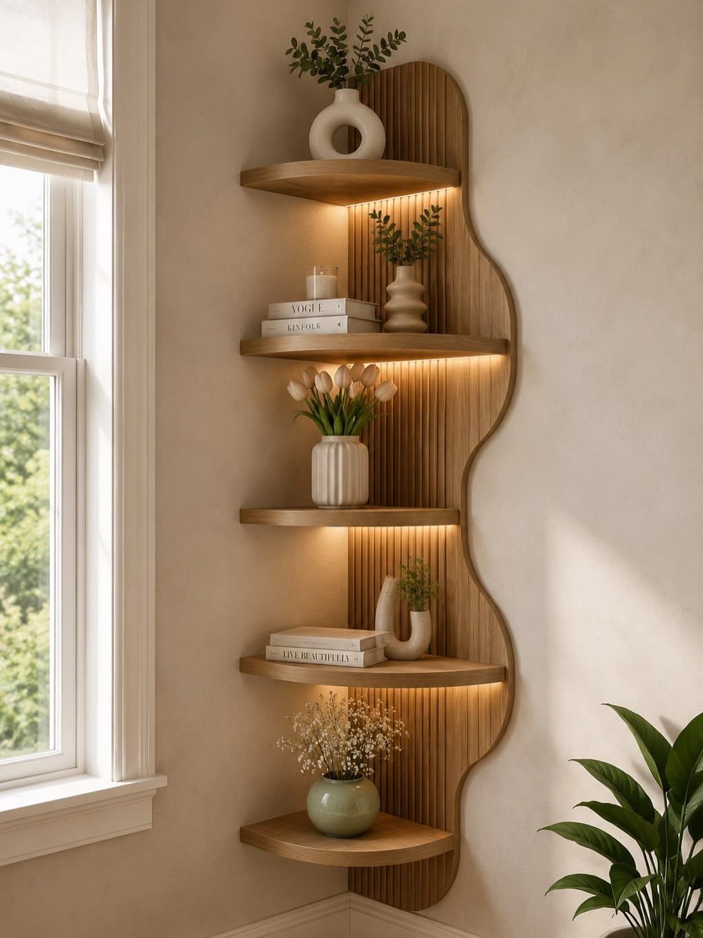 Wooden corner shelving unit with integrated lighting holding vases and books on beige walls