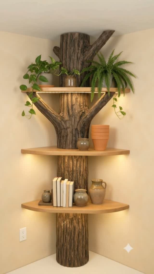 Tree-trunk shaped corner shelving unit holding potted plants, books, and ceramic vases.