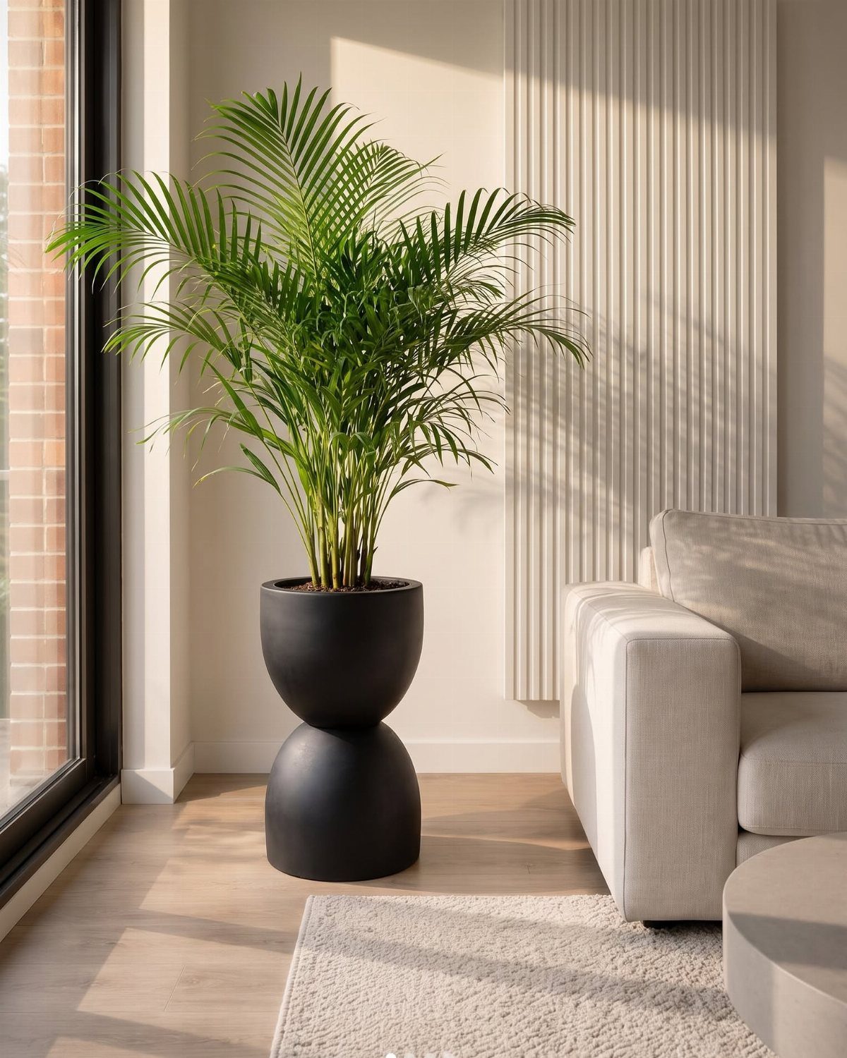 Tall green palm plant in a black sculptural pot in a bright room corner.