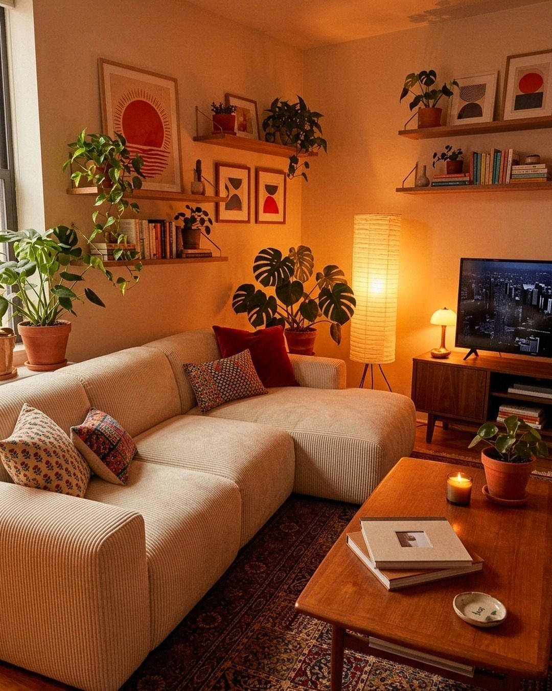 Beige sectional sofa with floating shelves and abstract art on the wall above.