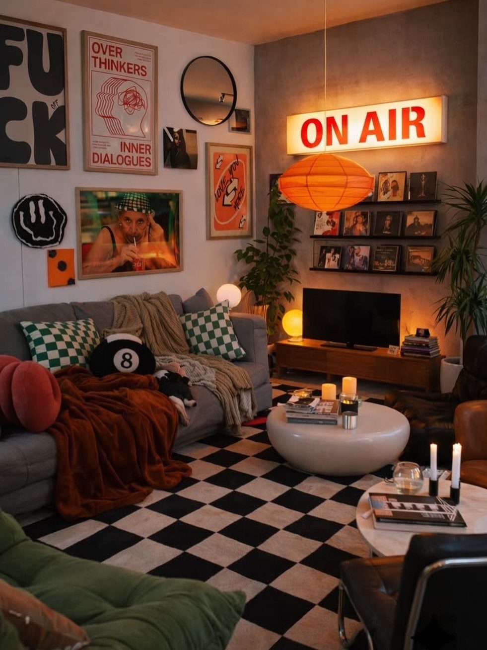 Gallery wall with eclectic framed art and a mirror above a grey couch.