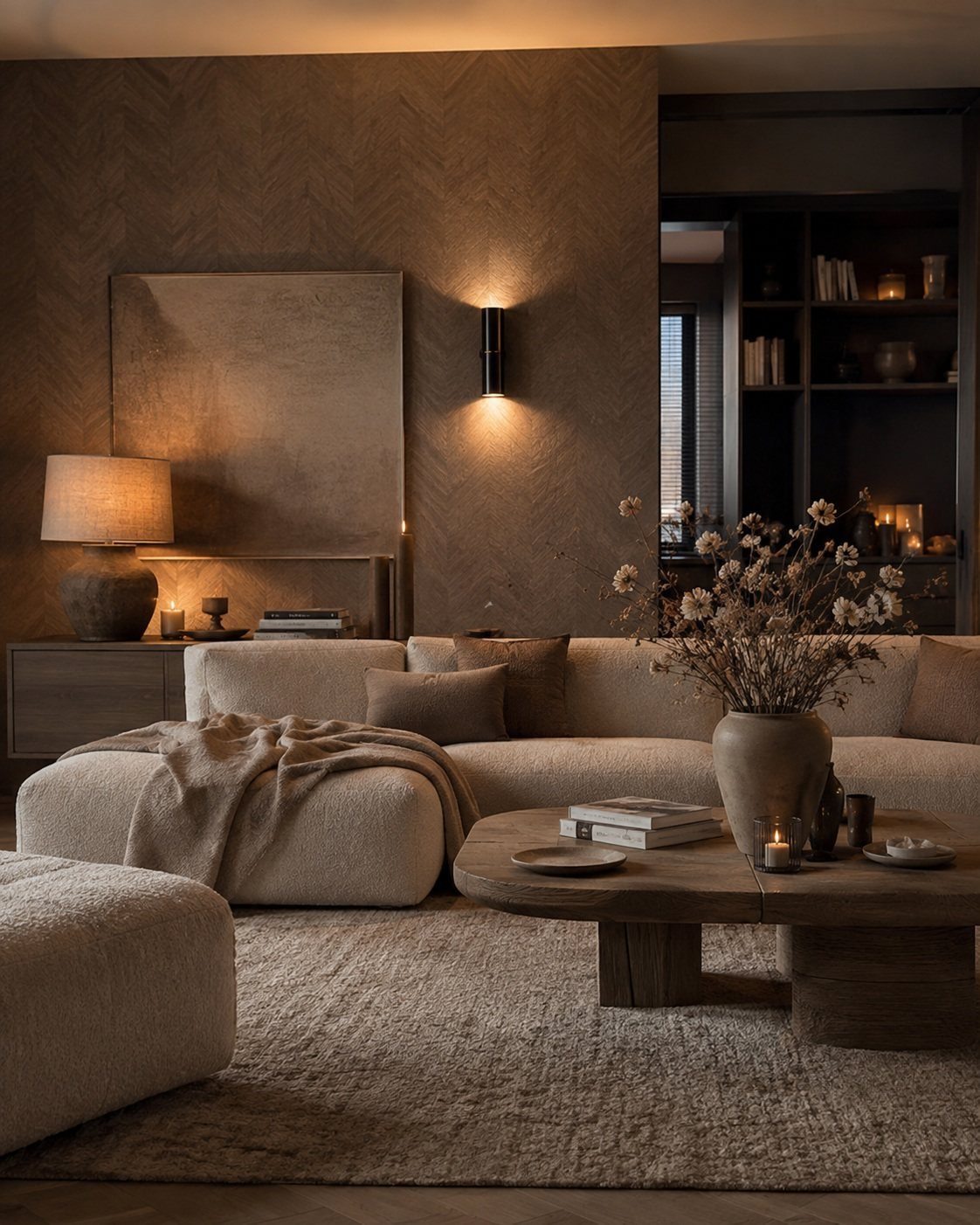Beige living room with a dark shelving unit providing contrast against warm neutral tones.