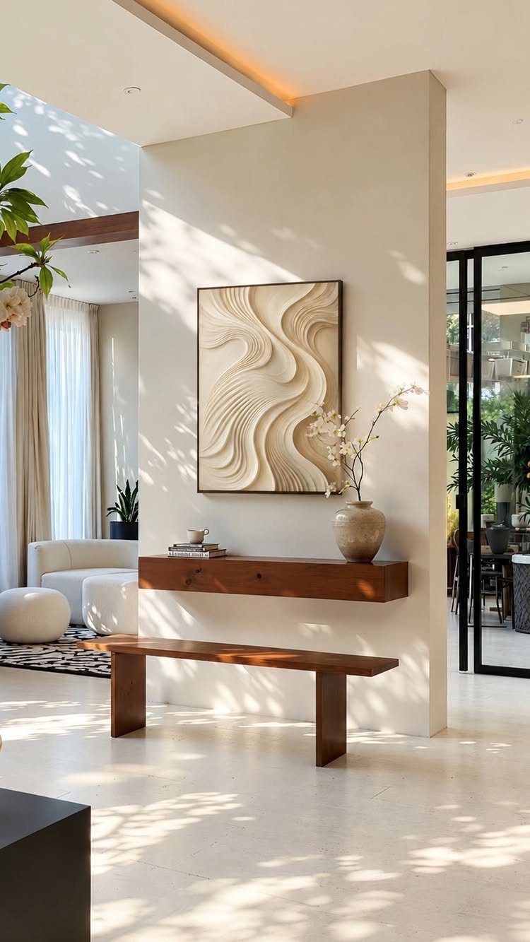 Textured 3D wave wall art above a wooden shelf in a neutral room