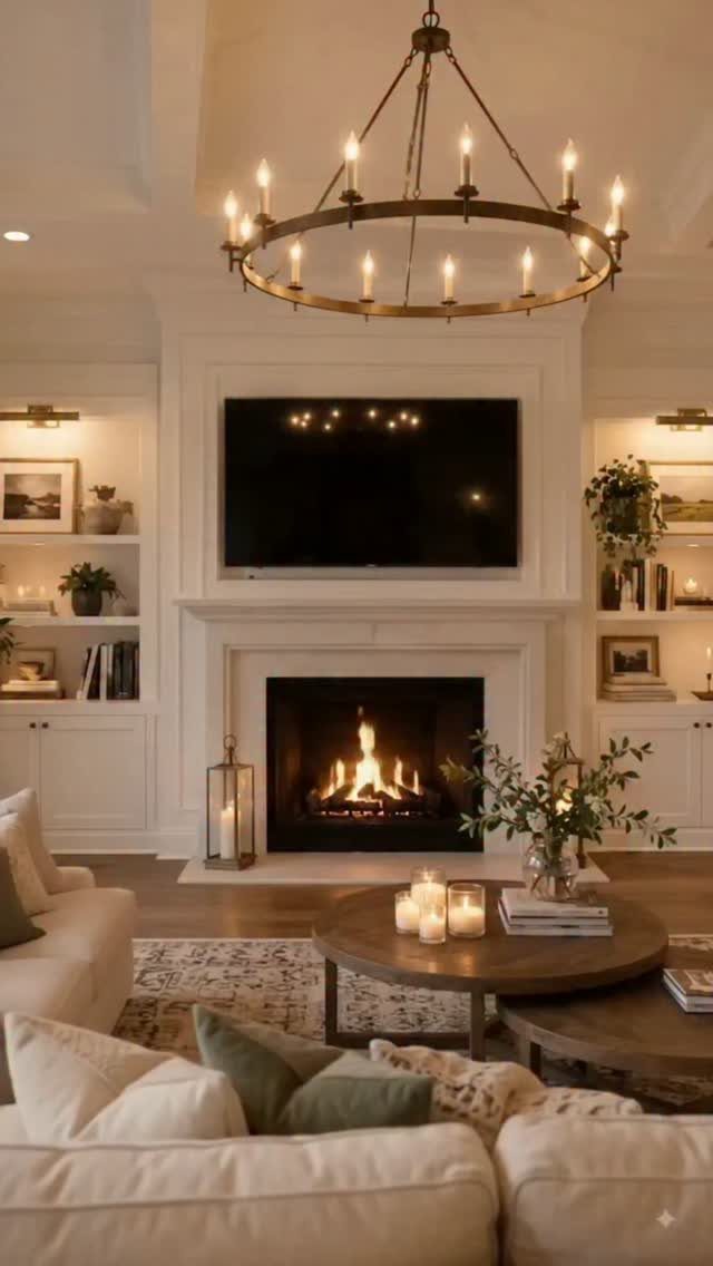 Cream-colored sofas in a warm neutral living room with a fireplace and chandelier.