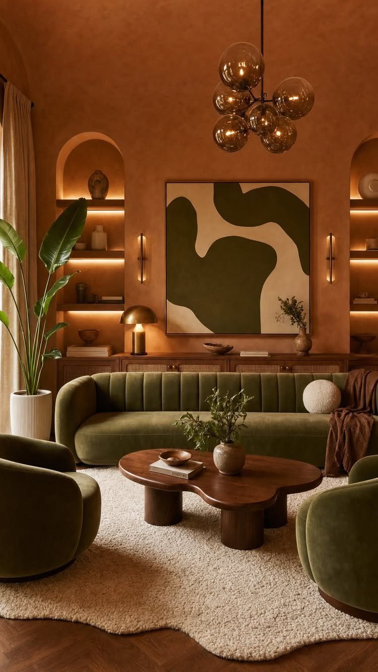 Green velvet sofa and armchairs in a terracotta living room with wooden furniture.