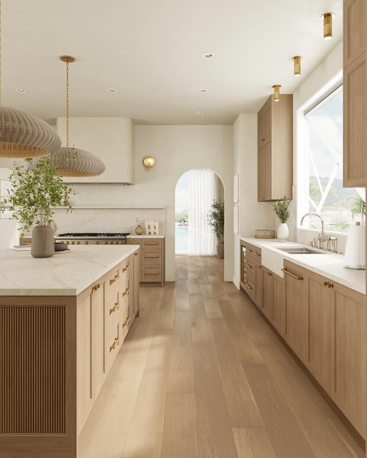 Warm neutral kitchen with light wood cabinets, white countertops, and woven pendant lights.