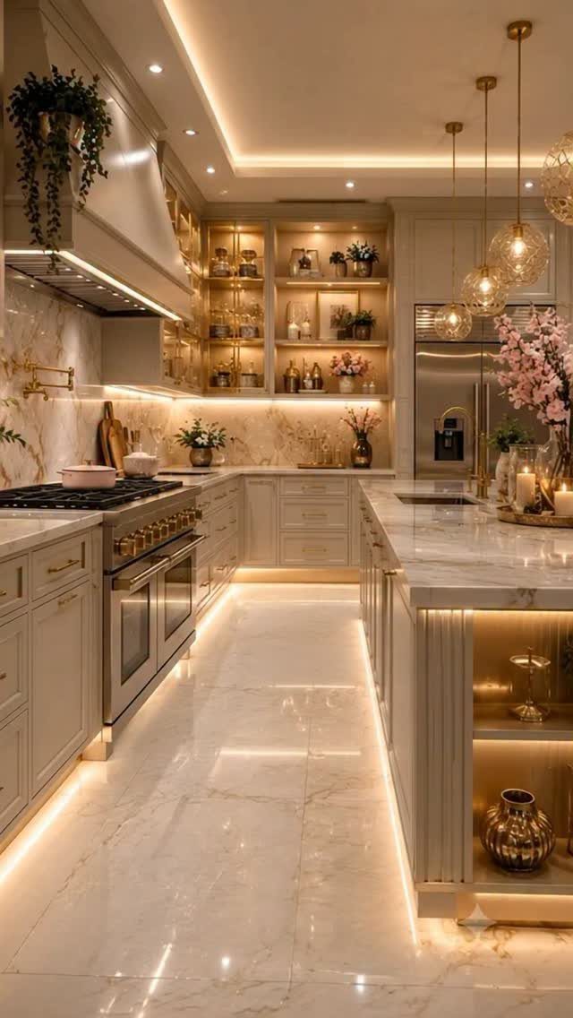 Luxury kitchen with beige cabinets, white marble surfaces, and gold metallic hardware handles.