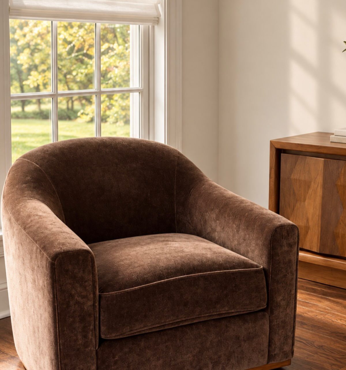 Brown velvet armchair in a bright room next to a window and wooden cabinet.