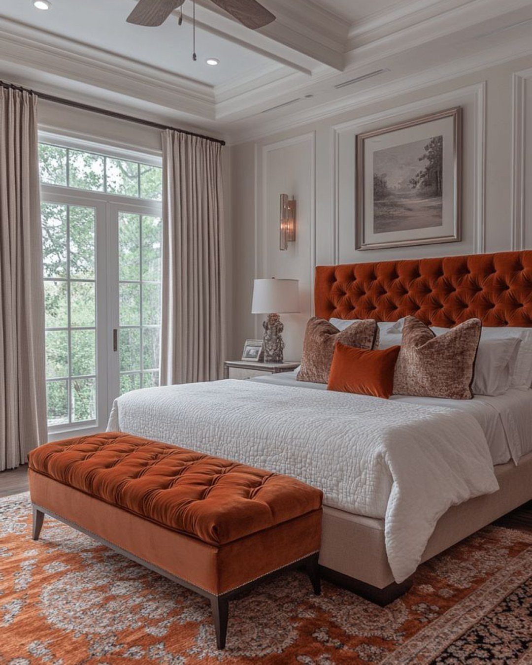 Burnt orange tufted headboard and matching bench in a neutral transitional bedroom